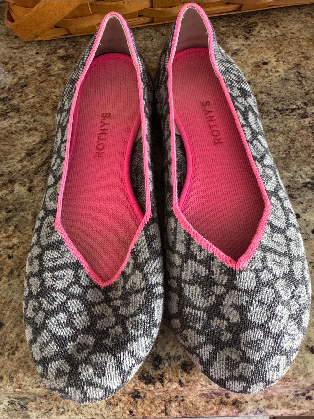 Rothy's Gray Leopard Merino Wool Flats with Pink Trim *MACHINE WASHABLE*